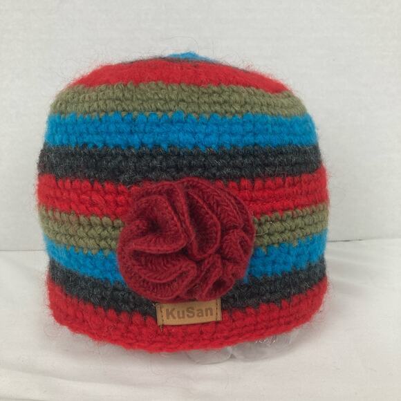 KuSan Wool Blnd Crochet Beanie Red Blue Striped Flower Accent Fleece Lined Nepal - Picture 1 of 8